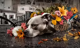 dog on a table looking at the ground