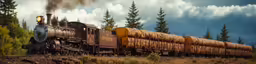 a train is pulling freight cars full of logs