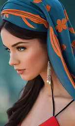 beautiful woman in the red dress wears a blue head covering