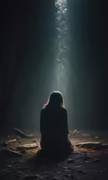 a girl sitting alone in the woods at night