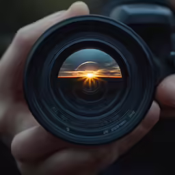 a person holding a camera lens with the sun setting in the distance