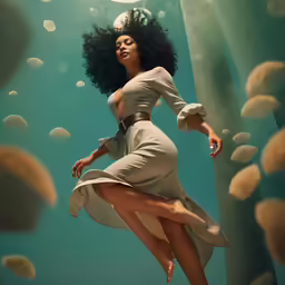 a woman flying through the air while floating in water