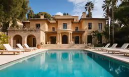 an outdoor swimming pool area with lounge chairs