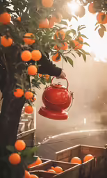 an orange tree with oranges hanging from it and a man pouring orange juice on the top