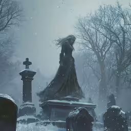 a graveyard with a woman in the middle of it,a woman in a long dress walking through the snow