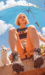 a woman with a cat sitting by her feet and an umbrella