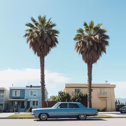 two blue cars parked in front of some palm trees