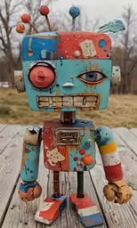 the blue robot is sitting on the wooden table