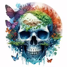 a skull with butterflies surrounding it and butterflies around it