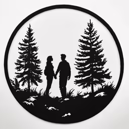 silhouette of two people in a pine forest