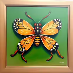 a painting with a green background with a small orange and white insect,a yellow and black insect in a wooden frame