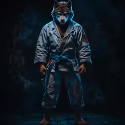 a man in an animal mask and grey kimono standing in the dark