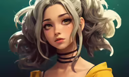 a young woman wearing a wig has very large curly hair