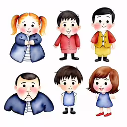 a set of kids with different ages,four different children are dressed in jackets