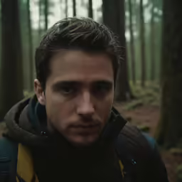a man with a hood up in the woods