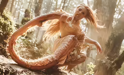 a mermaid standing on top of a log in the forest