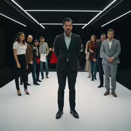 a man standing next to a group of people