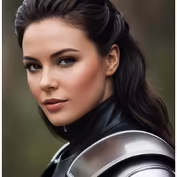 an attractive woman in a armor suit looking directly into the camera