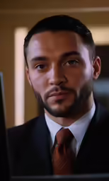 a man is wearing a suit and a brown tie