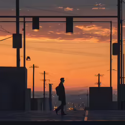 a man standing in the middle of a street under traffic lights