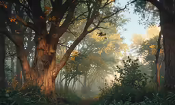 a forest scene with trees in the background