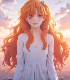 a red haired girl with long, curly hair and flowing white dress standing near the ocean at sunset