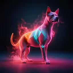 a dog in neon colored fabric with fire surrounding
