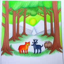 a drawing of animals in the middle of a forest