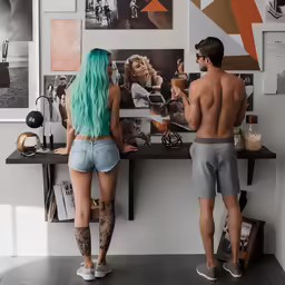the couple are sitting at the table looking into the mirror