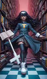 a painting of a girl with a sword and book in a library