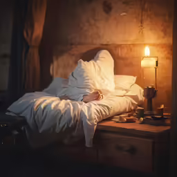 a bed with white sheets, a lamp and other things on it