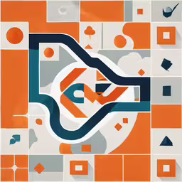 a series of colorful abstract designs in gray, orange and blue,a print of orange and blue squares, with a large white object in the middle