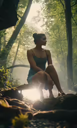 a girl sits on rocks in a wooded area