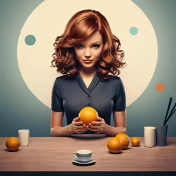 a girl holding a ball sits in front of a table with oranges