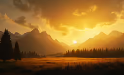 the sun is setting in the mountains and the grass is golden