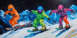 three people in colorful snow suits, on their snowboards on a snowy mountain