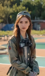 a woman in an airplane jacket holding a camera