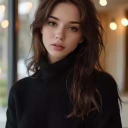 a woman is sitting in a chair and wearing a black turtleneck sweater
