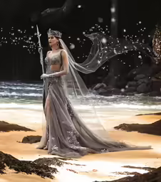 a woman wearing an extravagant, embellished dress stands near water while holding a sword