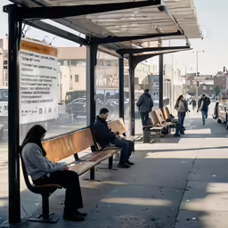 several people sitting on benches in the bus stop