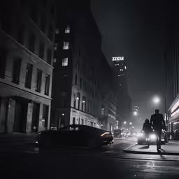 two people walking down a street in the dark
