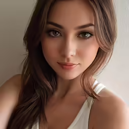 a woman with long, wavy hair looks into the camera