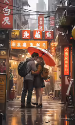 couple embracing under an umbrella in the rain on a city street