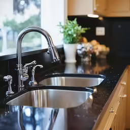 this kitchen counter has black counters and a faucet on it