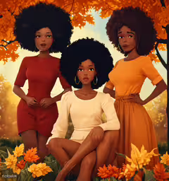 two black girls with curly hair sitting in the grass under autumn trees,the three beautiful young women are standing in the grass