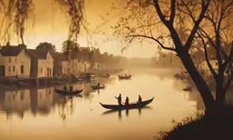 there are two boats with people in it near houses