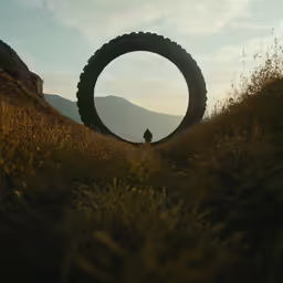 a man is seen standing in the middle of a giant tire