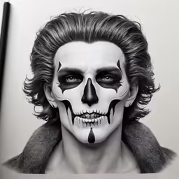 a man with painted face, holding up a pen