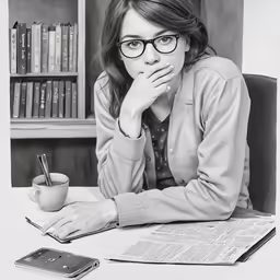 black and white photograph of woman leaning on table