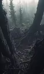 the woods and rocks in the fog have been filled with fallen trees